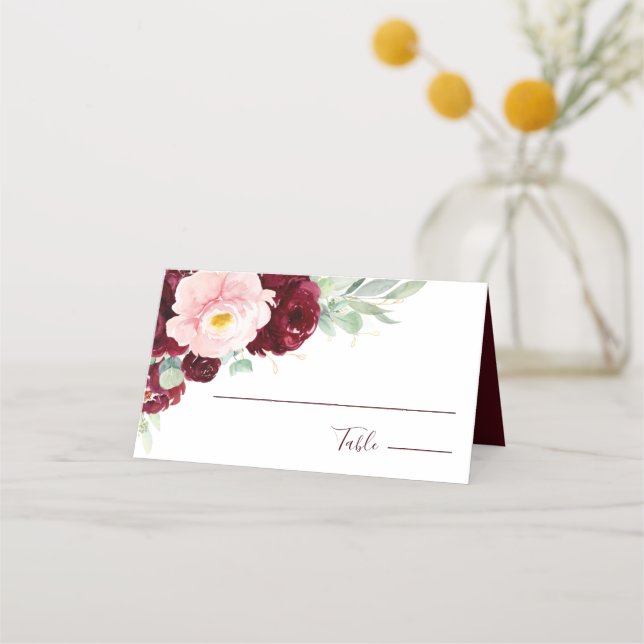 Tarjeta De Asiento Moderno Boda de Rubor Floral Burgundy (Anverso)