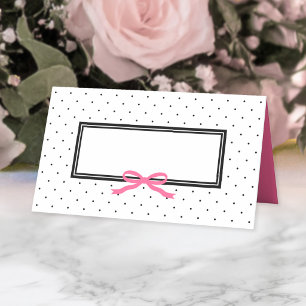 Tarjeta De Asiento Moderno de lunares en blanco y negro con lazo rosa