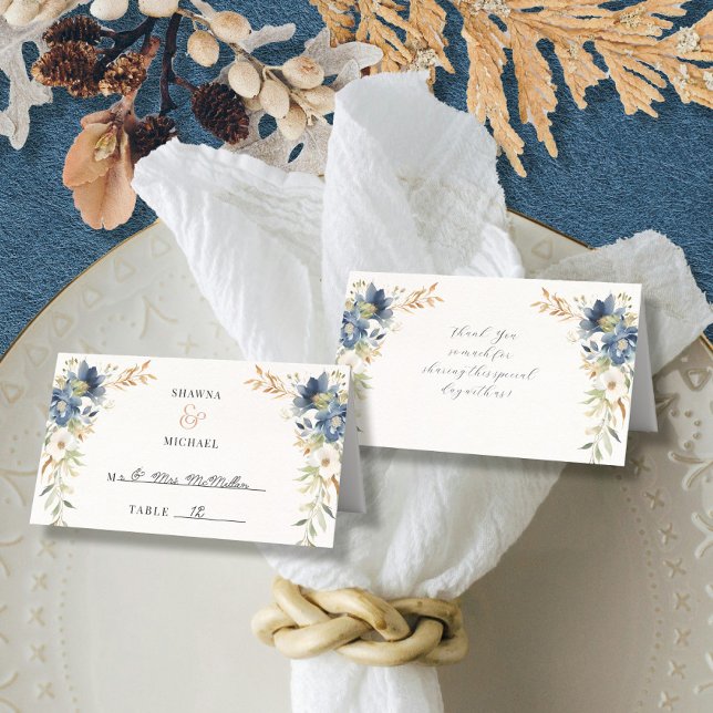 Tarjeta De Asiento Moderno Fall Floral acuarela Blue Ivory Reception (Subido por el creador)