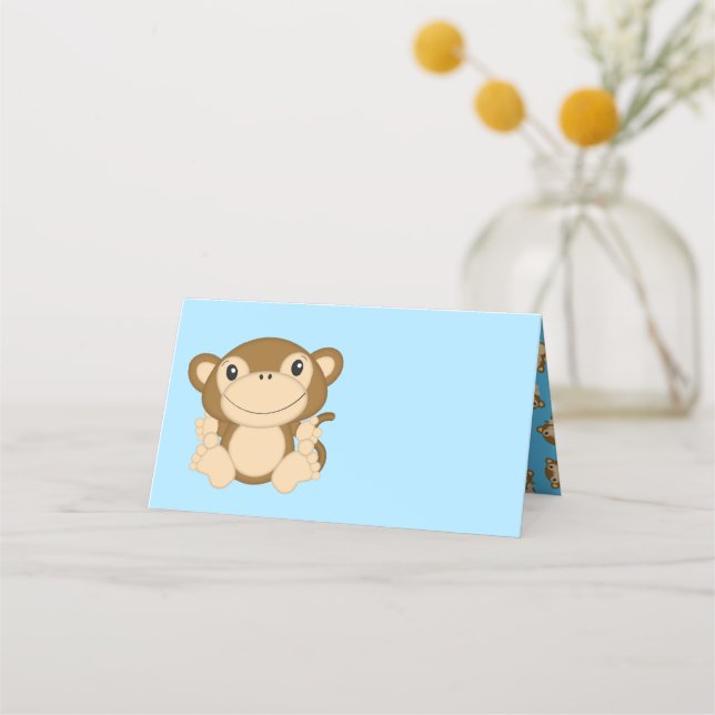 Tarjeta De Asiento Monkey Baby Shower Blue (Anverso)
