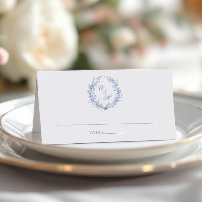 Tarjeta De Asiento Monograma azul turbio Boda de guirnaldas botánicas (Subido por el creador)