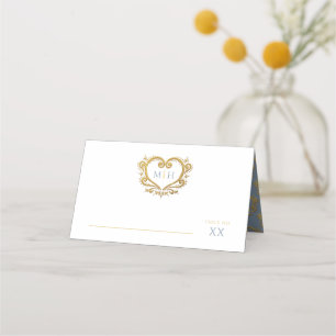 Tarjeta De Asiento Monograma cardíaco decorativo dorado boda azul pol