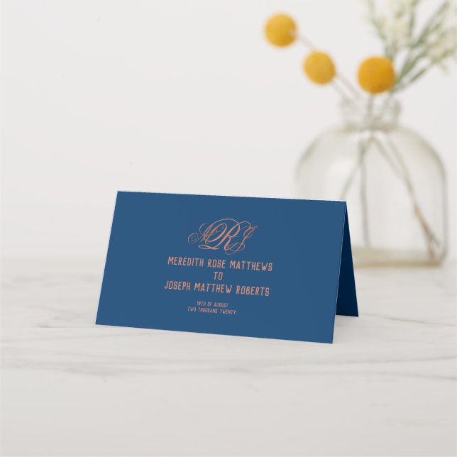Tarjeta De Asiento Monograma de cobre azul Boda de guión elegante (Anverso)