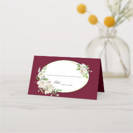Tarjeta De Asiento Monograma elegante Boho Burgundy Floral Gold Boda