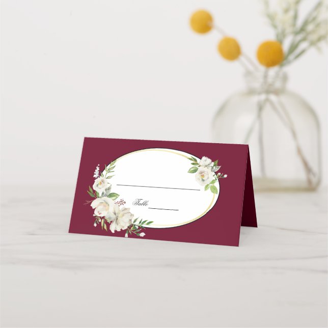 Tarjeta De Asiento Monograma elegante Boho Burgundy Floral Gold Boda (Anverso)