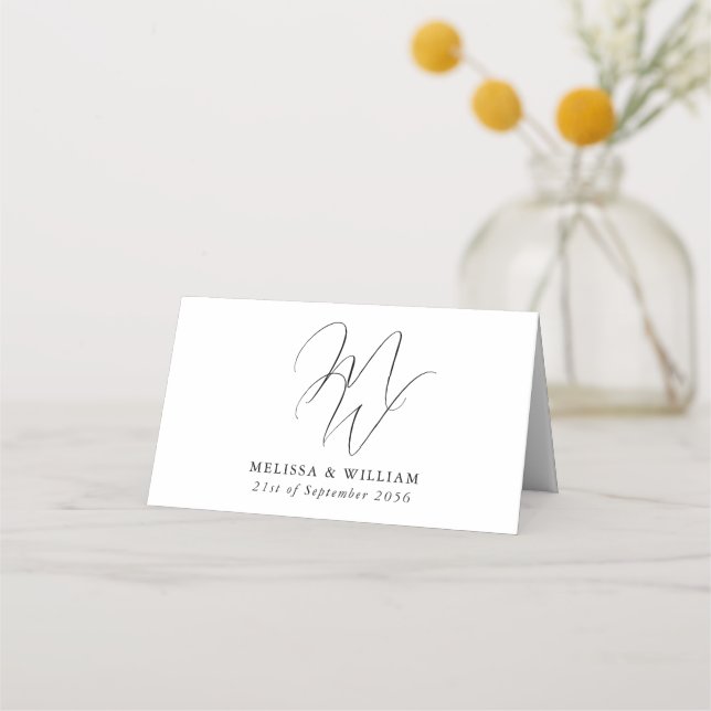 Tarjeta De Asiento Monograma moderno Boda blanco y negro (Anverso)