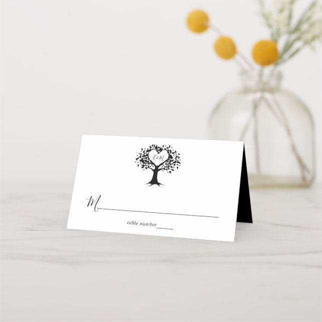 Tarjeta De Asiento Monograma simple negro y blanco Boda de árbol del  (Anverso)