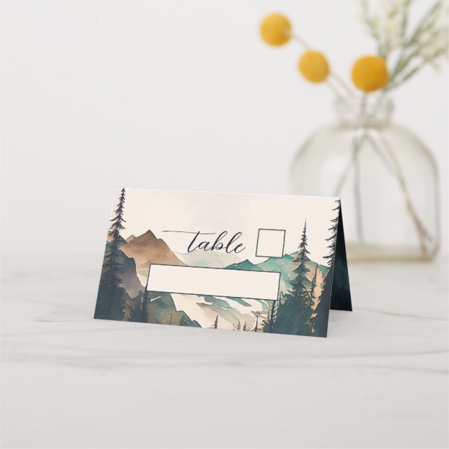 Tarjeta De Asiento Montañas de Acuarela Bosque de Pinos Boda (Anverso)