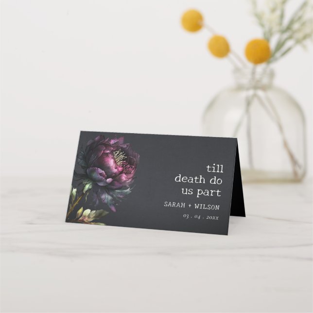 Tarjeta De Asiento Moody Gothic Oscuro Púrpura Negro Peony Boda (Anverso)