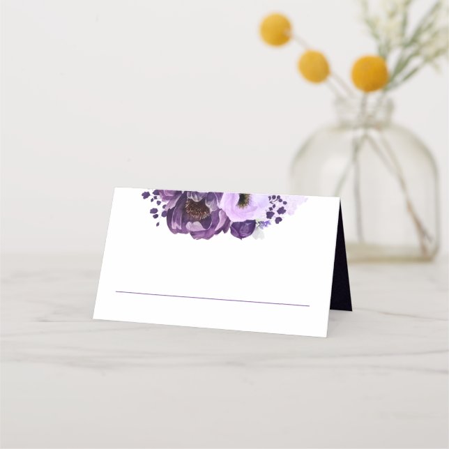 Tarjeta De Asiento Morado acuarela Flores Boda real moderno (Anverso)