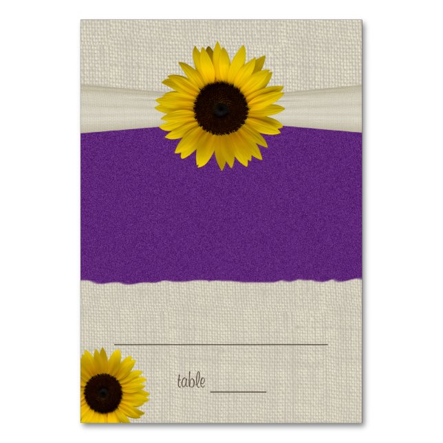 Tarjeta de asiento morado girasol y burlap (Anverso)