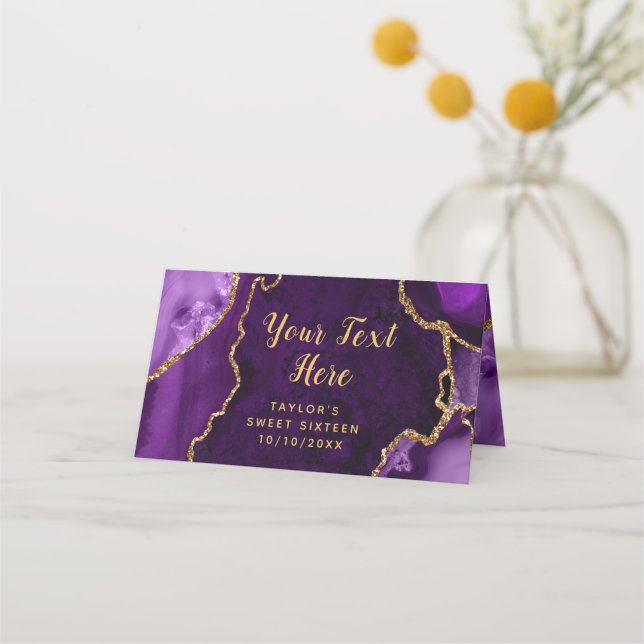 Tarjeta De Asiento Morado y oro Agate Marble Sweet 16 (Reverso)