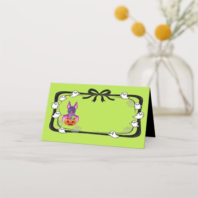 Tarjeta De Asiento Murciélago de Halloween con dulces (Anverso)