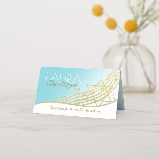 Tarjeta de asiento Musical Bat Mitzvah Blue and Go (Reverso)
