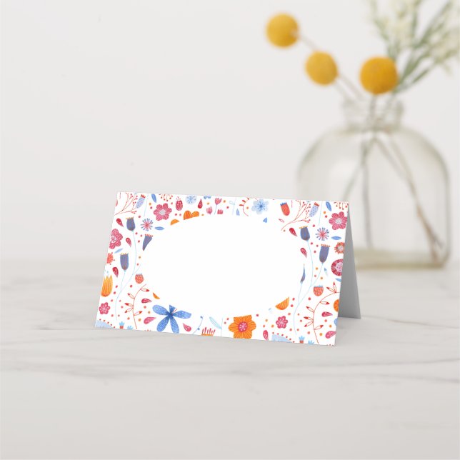 Tarjeta De Asiento Naranja azul de acuarela floral (Anverso)
