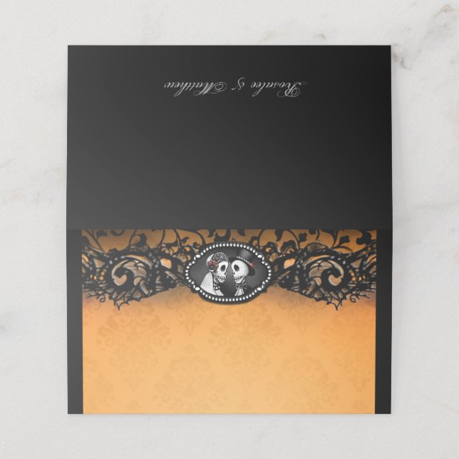 Tarjeta De Asiento Naranja Black Lace Elegant Wedding Skeletons (Exterior desplegado)