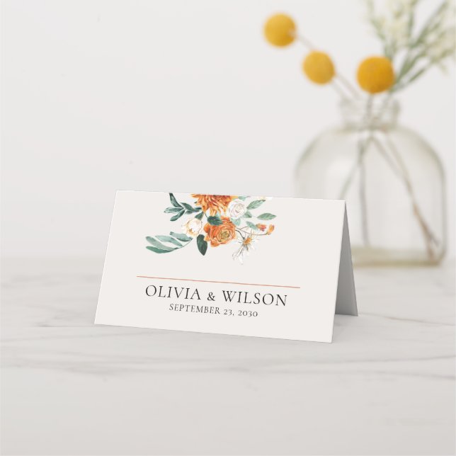 Tarjeta De Asiento Naranja Boho Fall Boda Floral (Anverso)
