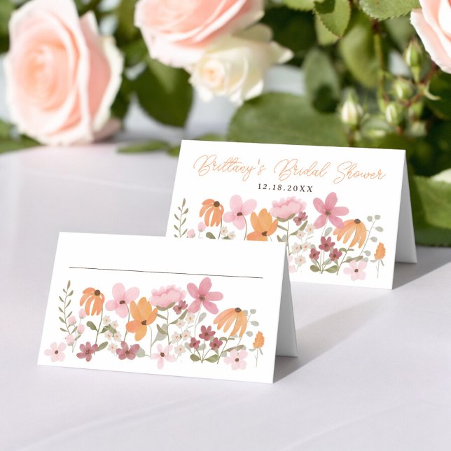 Tarjeta De Asiento Naranja Cute boho pradera flor silvestre ducha de  (Orange Cute boho meadow wildflower bridal shower Place Card)