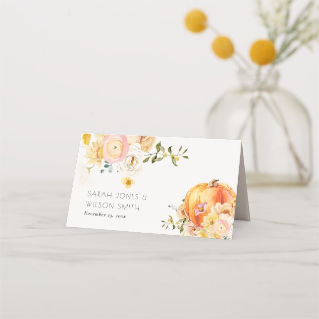 Tarjeta De Asiento Naranja floral rústico Boda de calabaza otoñal (Anverso)