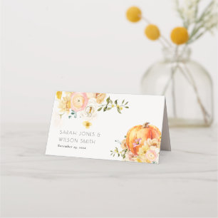 Tarjeta De Asiento Naranja floral rústico Boda de calabaza otoñal