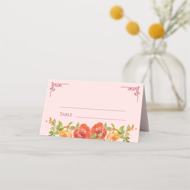 Tarjeta De Asiento Naranja flores amarillas boda chino doble xi (Anverso)