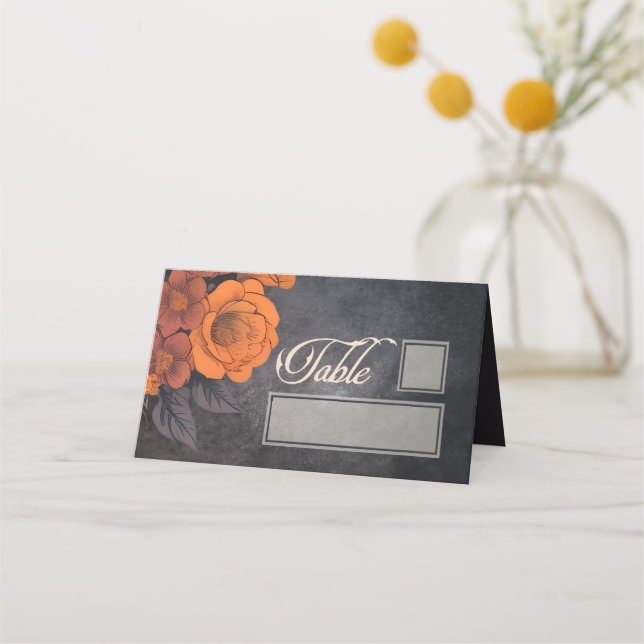 Tarjeta De Asiento Naranja Flores Elegante mesa y lugar de nombre (Anverso)