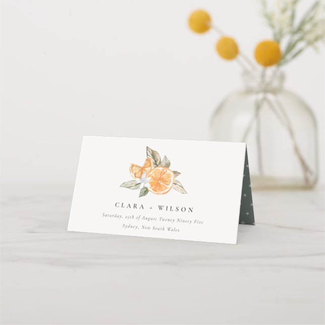 Tarjeta De Asiento Naranja mínimo Boda de acuarela botánica (Anverso)