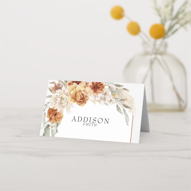 Tarjeta De Asiento Naranja quemado Floral Boho Boda Place Card (Anverso)