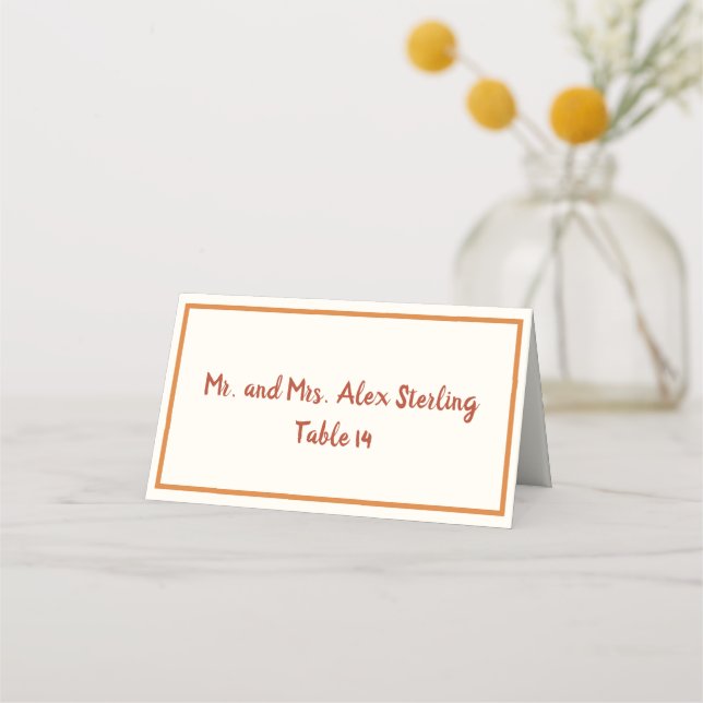 Tarjeta De Asiento Naranja quemado manuscrito 70's Boda de borde negr (Anverso)