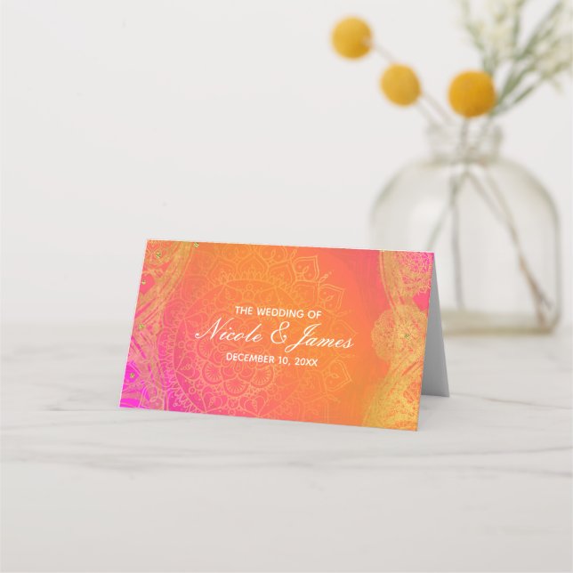 Tarjeta De Asiento Naranja rosa de Fuchsia Oro Boda de Mandala india (Anverso)