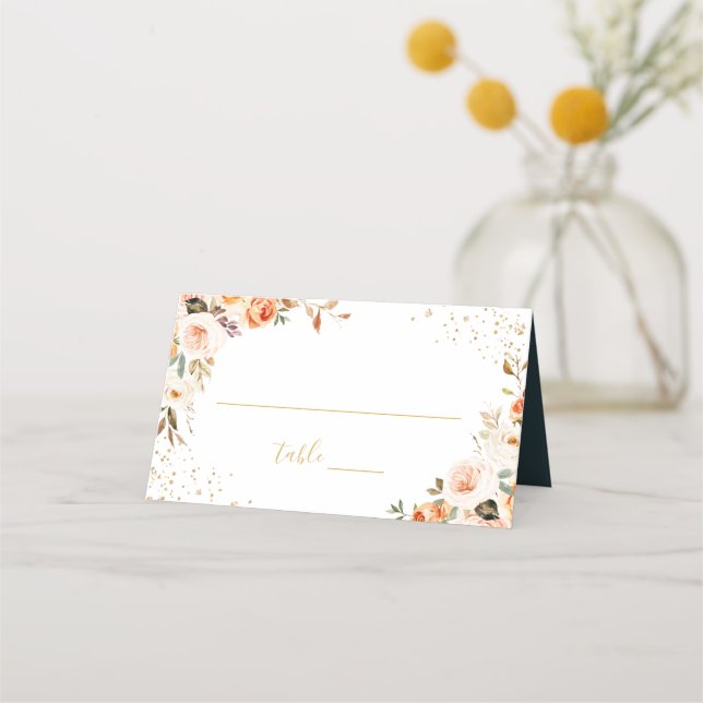 Tarjeta De Asiento Naranja ruso Boda Purpurina de oro floral otoño (Anverso)