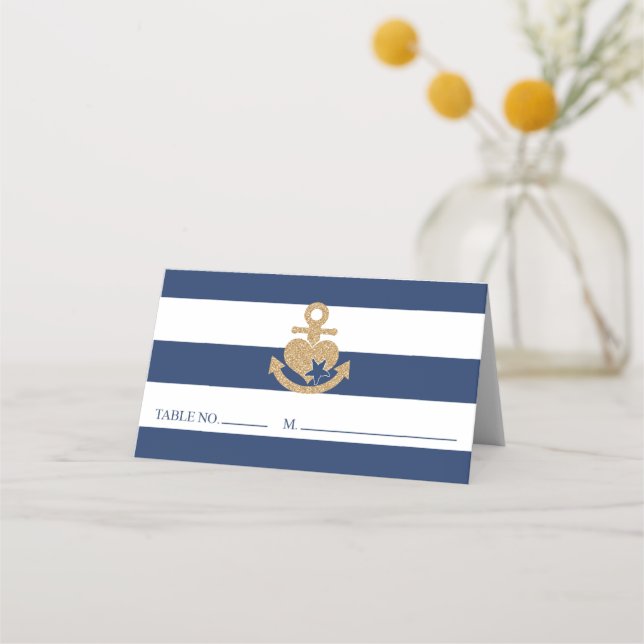 Tarjeta De Asiento Nautical Bridal Shower Place Card Navy Oro (Anverso)