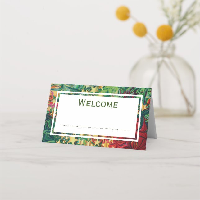 Tarjeta De Asiento Navidades abstractos STARS Red Green Gold PERSONAL (Anverso)