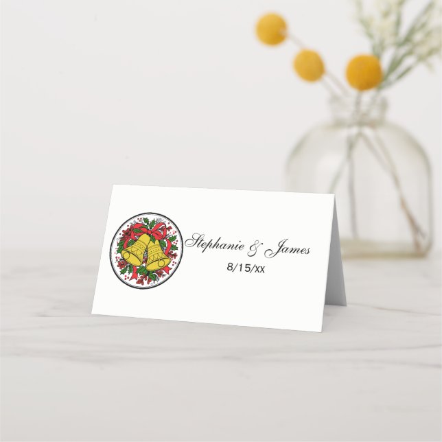 Tarjeta De Asiento Navidades Bells Holly Red Ribbon (Anverso)