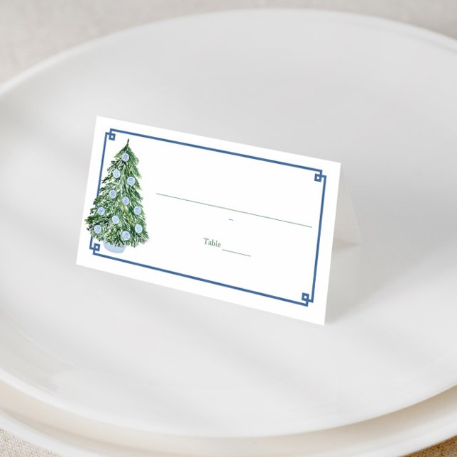 Tarjeta De Asiento Navidades de Chinoiserie Fiesta de Comida Cartas d (Preppy blue and green chinoiserie holidays tree place cards with tartan backer)