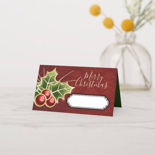 Tarjeta De Asiento Navidades de Holly Berry Fiesta rojo personalizado (Anverso)