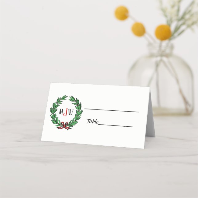 Tarjeta De Asiento Navidades festivos Xmas Holly Wreath Monograma (Reverso)