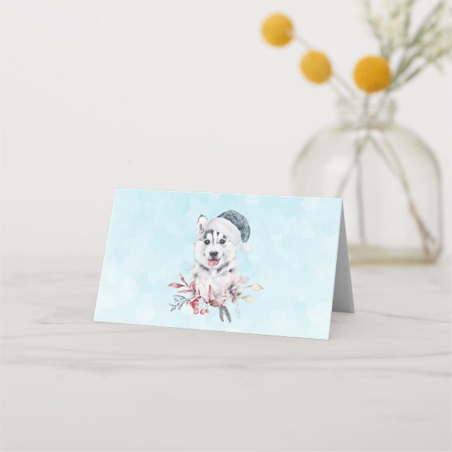 Tarjeta De Asiento Navidades Husky Dog en Santa Hat (Anverso)