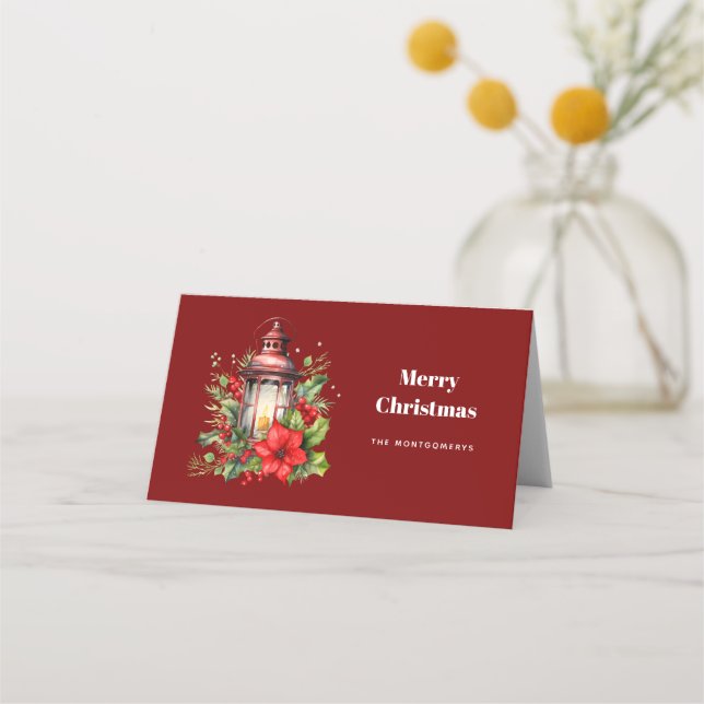 Tarjeta De Asiento Navidades rojos Lantern Poinsettia y Pine Small (Anverso)