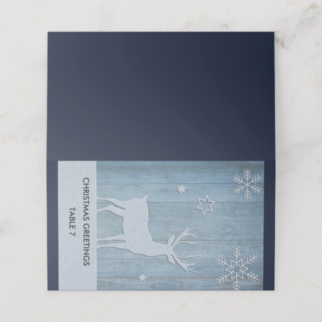 Tarjeta De Asiento Navidades Rústicos De Los Renos De Madera Azul (Exterior desplegado)