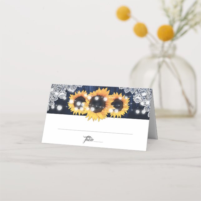 Tarjeta De Asiento Navy Blue Sunflower Wood String Lights Wedding (Anverso)