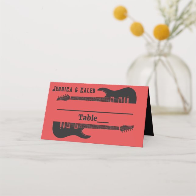 Tarjeta De Asiento Negro sobre Boda Metalizado fuerte y rojo (Anverso)