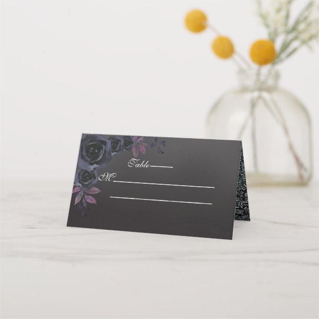 Tarjeta De Asiento Negro suave con Boda Rosa negro (Anverso)
