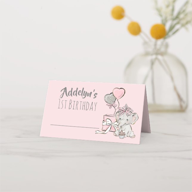 Tarjeta De Asiento Niña Princesa Elefante Gris Rosa Primer cumpleaños (Anverso)