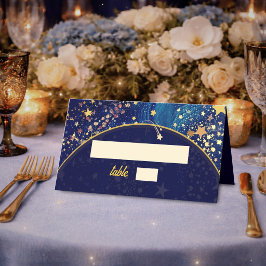 Tarjeta De Asiento Noche celestial mágica de boda dorada azul estrell