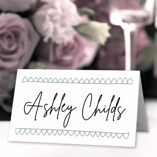 Tarjeta De Asiento Nombre caprichoso verde dibujado a mano para boda