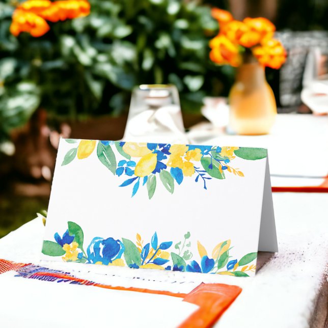 Tarjeta De Asiento Nombre de la ducha de novia floral limones amarill (Blue yellow lemons floral bridal shower name place card)