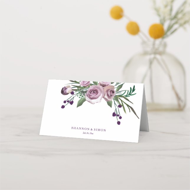 Tarjeta De Asiento Nombre de tabla Boda romántico morado floral (Anverso)