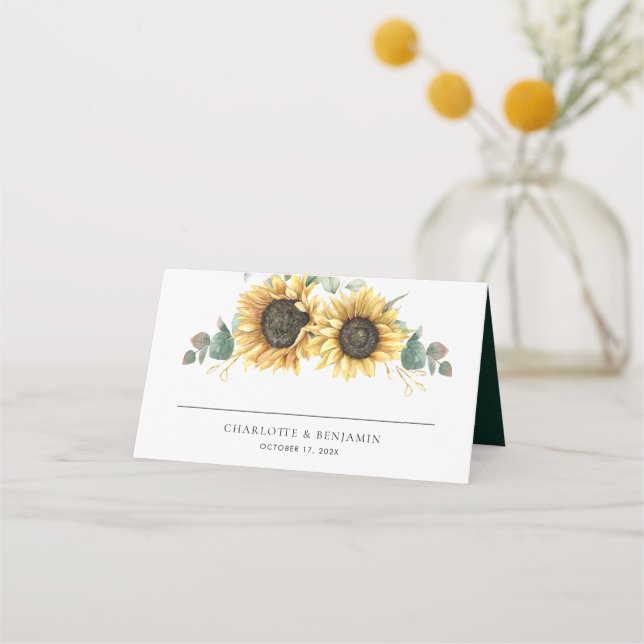 Tarjeta De Asiento Nombre y Boda de fecha del girasol floral (Anverso)