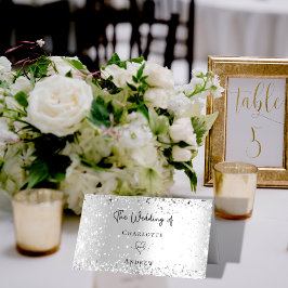 Tarjeta De Asiento Nombres de bodas de confeti plateado